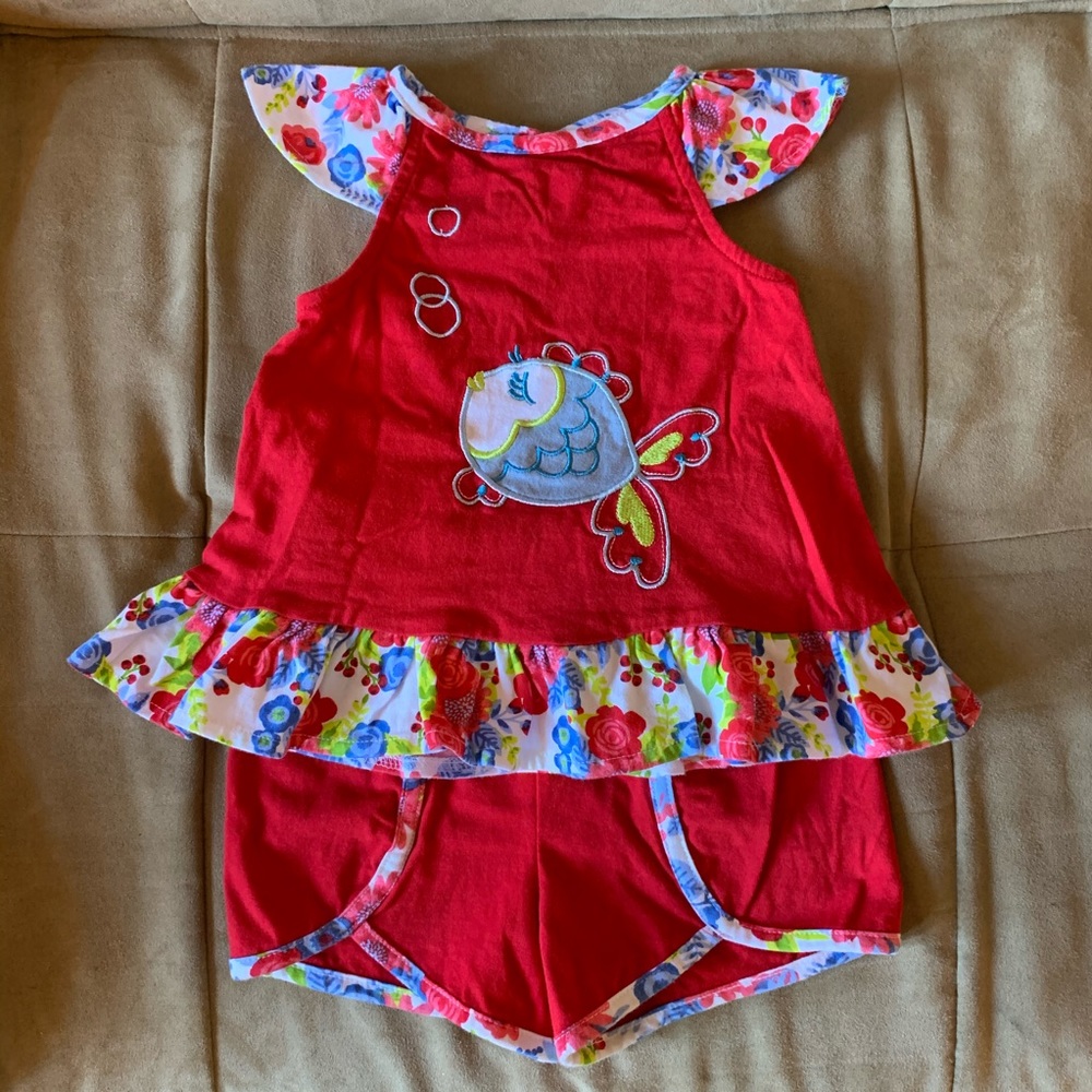 Matching shorts and top with fish embroidery
